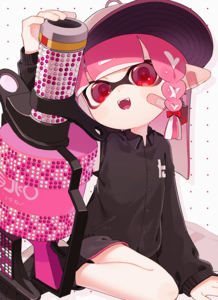.96_gal_(splatoon), 1girl, bandaid, bandaid_on_cheek, bandaid_on_face, baseball_cap, black_shirt, black_shorts