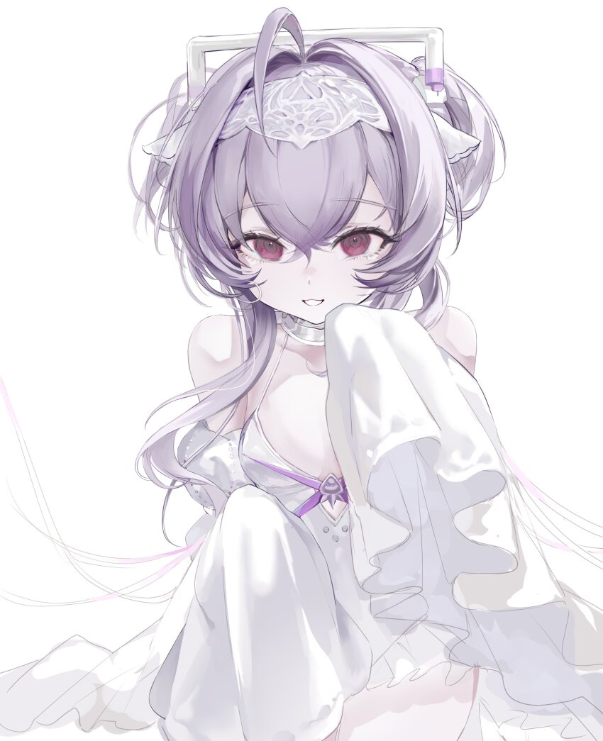 1girl, ahoge, bare_shoulders, collar, crossed_bangs, detached_sleeves, gelasi, giggling