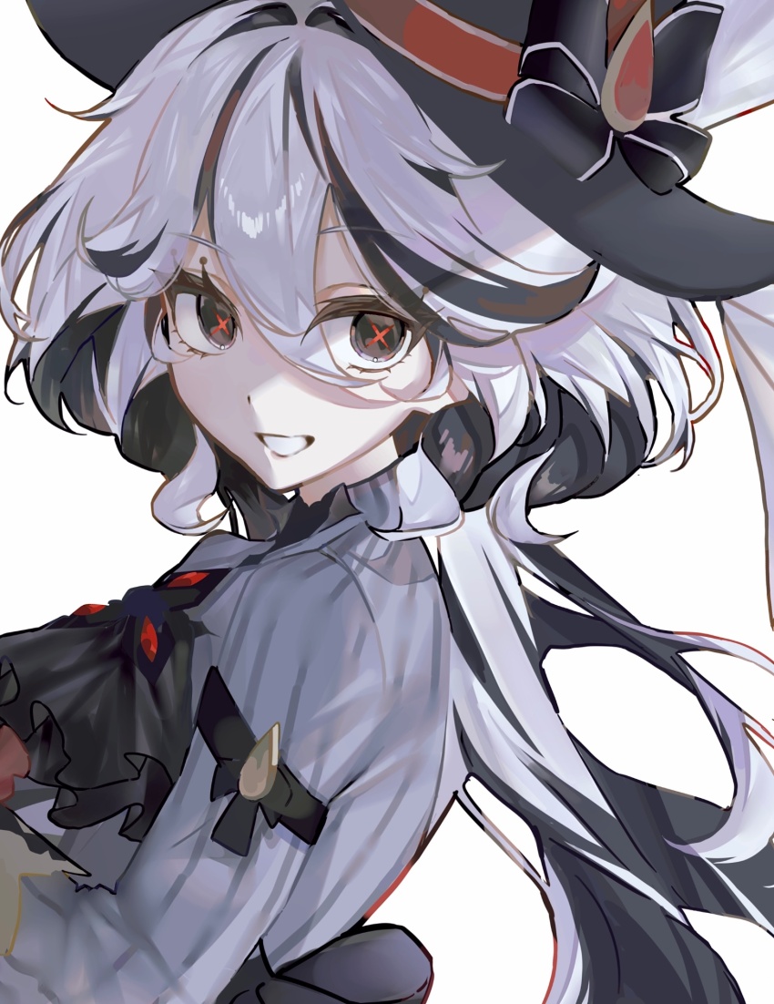 1girl, alternate_color, arlecchino_(genshin_impact), ascot, black_ascot, black_eyes, black_hair, black_hat, colored_inner_hair, commentary_request, furina_(genshin_impact), genshin_impact, grey_jacket, haru_1un, hat, highres, jacket, long_hair, long_sleeves, looking_at_viewer, multicolored_hair, red_pupils, solo, streaked_hair, symbol-shaped_pupils, upper_body, white_hair, x-shaped_pupils