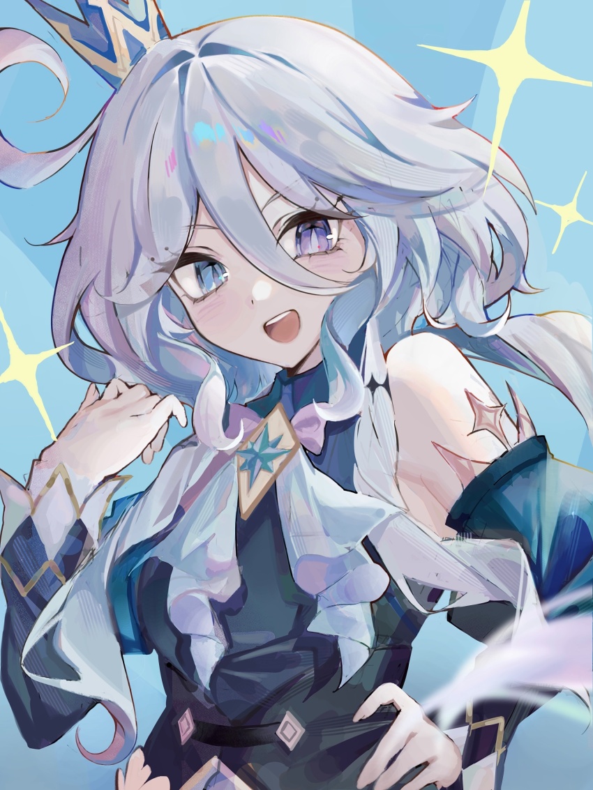 1girl, :d, bare_shoulders, blue_eyes, brooch, cerydra_(honkai:_star_rail), cerydra_(honkai:_star_rail)_(cosplay), commentary_request