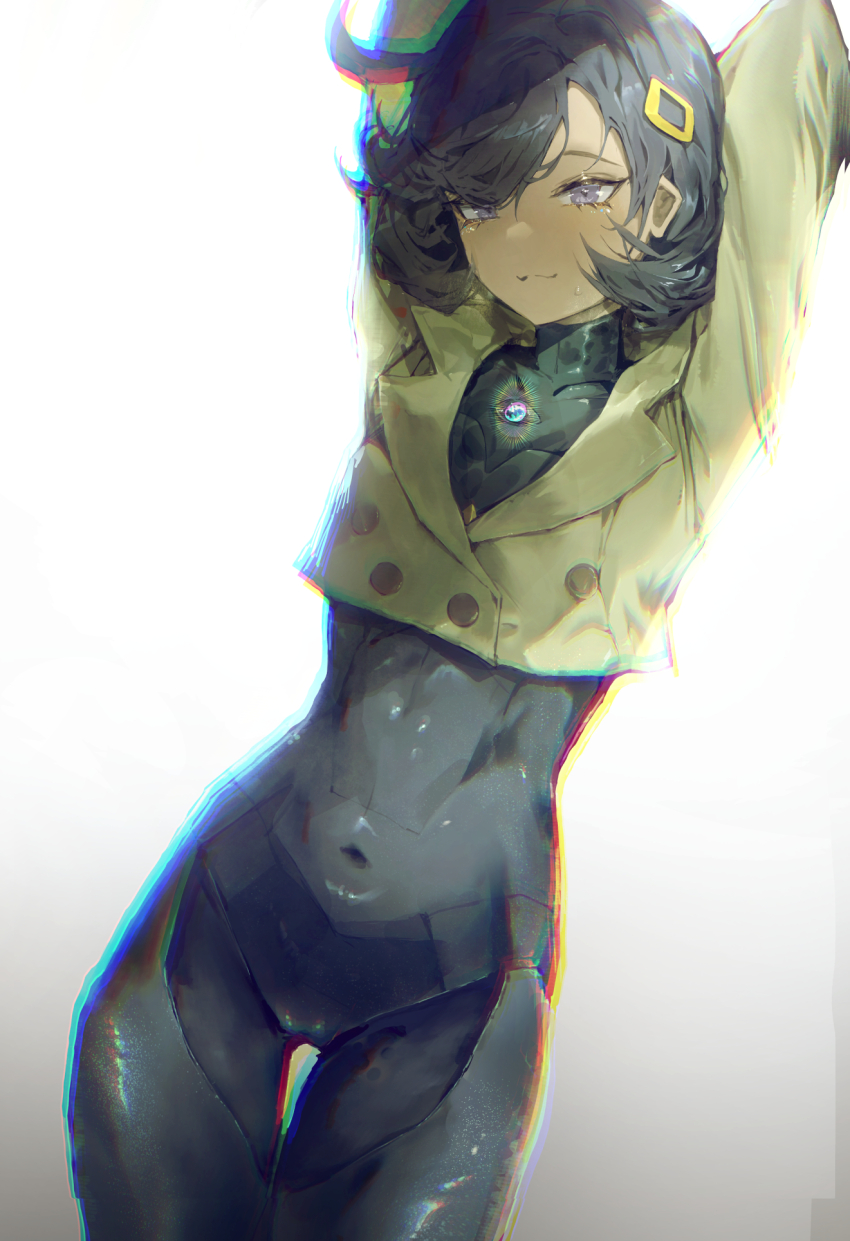 1girl, arms_up, black_bodysuit, black_hair, bodysuit, bodysuit_under_clothes, brown_jacket, covered_navel