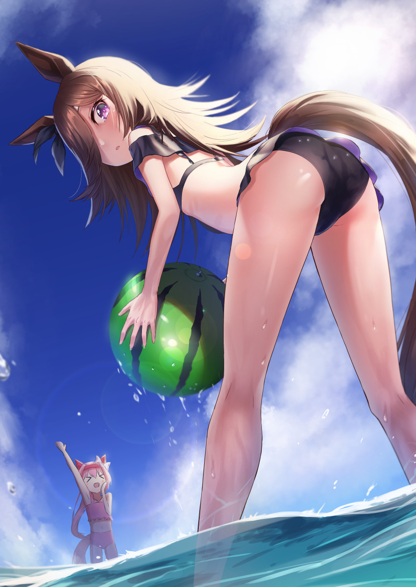 >_<, 2girls, absurdres, animal_ears, arm_up, armpits, ass, ball, beachball, bent_over, bikini, brown_hair, commentary, day, ear_covers, eyebrows_hidden_by_hair, flat_ass, from_below, hair_over_one_eye, haru_urara_(umamusume), headband, highres, holding, holding_ball, holding_beachball, horse_ears, horse_girl, horse_tail, legs_apart, light_blush, long_hair, looking_at_viewer, looking_back, multiple_girls, open_mouth, outdoors, parted_lips, pink_hair, purple_eyes, raised_eyebrow, reo-illust4696, rice_shower_(umamusume), solo_focus, standing, swimsuit, tail, umamusume, very_long_hair, wading, water, wet