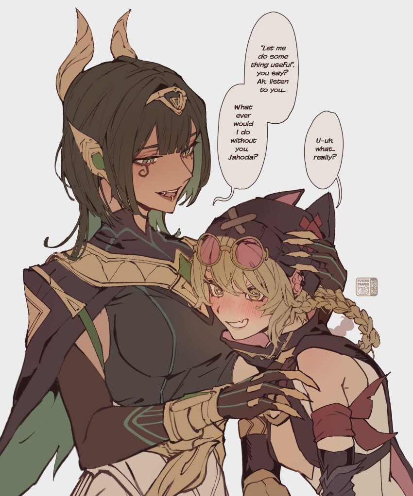 2girls, animal_ear_headwear, animal_ears, arm_around_neck, bandana_around_arm, blush, braid, braided_hair_rings