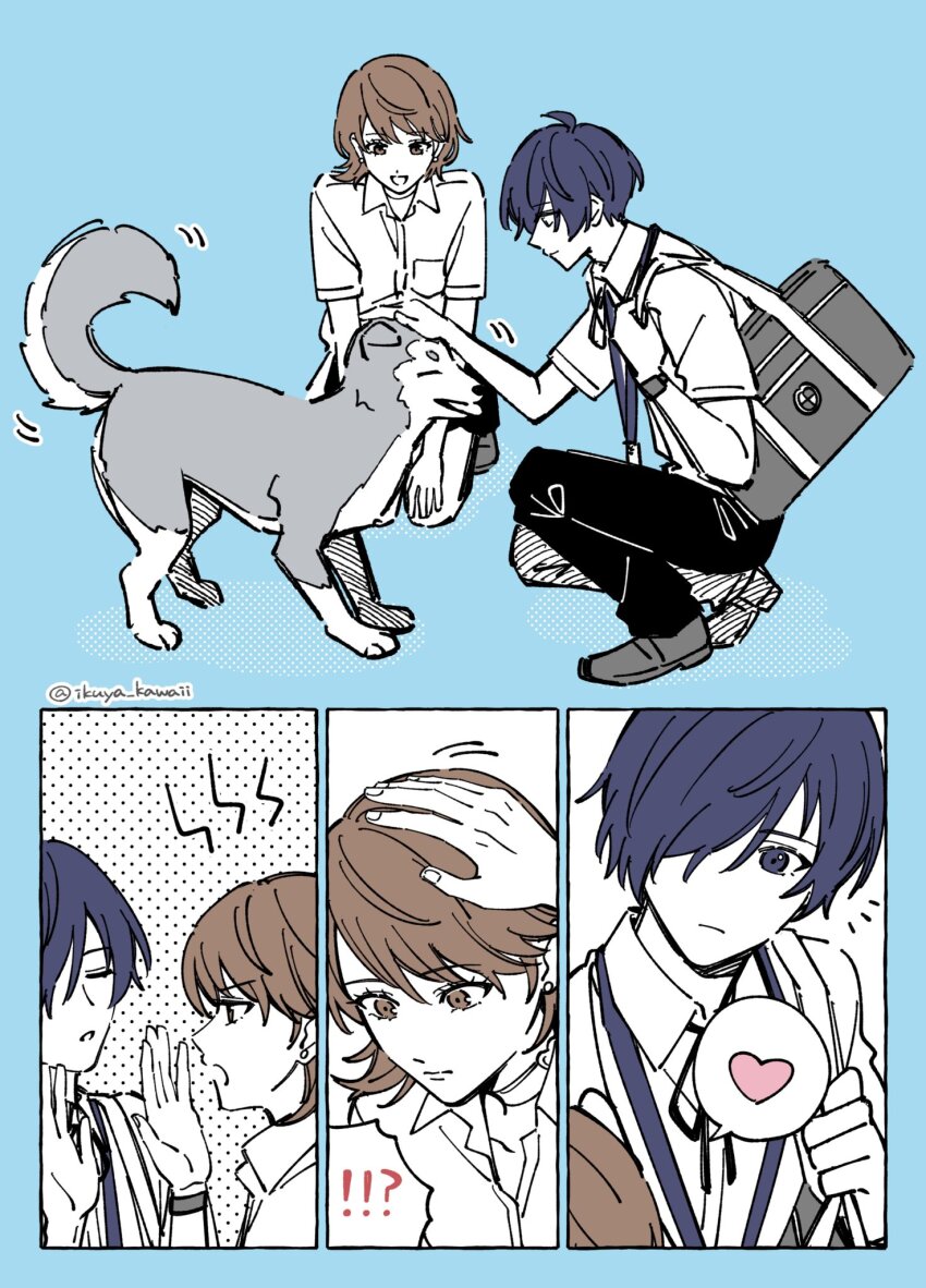 !?, 1boy, 1girl, animal, bag, black_pants, black_skirt, blue_background, blue_eyes, blue_hair, brown_eyes, brown_hair, choker, closed_mouth, collared_shirt, commentary_request, mp3_player, dog, earrings, from_side, full_body, gekkoukan_high_school_uniform, grey_dog, hair_over_one_eye, hand_on_another's_head, headpat, heart, heart_choker, highres, ikuya_kawaii, jewelry, koromaru_(persona), looking_at_another, miniskirt, motion_lines, notice_lines, open_mouth, pants, persona, persona_3, profile, school_uniform, shirt, short_hair, short_sleeves, shoulder_bag, skirt, spoken_heart, spoken_interrobang, squatting, stud_earrings, summer_uniform, takeba_yukari, twitter_username, upper_body, white_choker, white_shirt, yuuki_makoto_(persona_3)