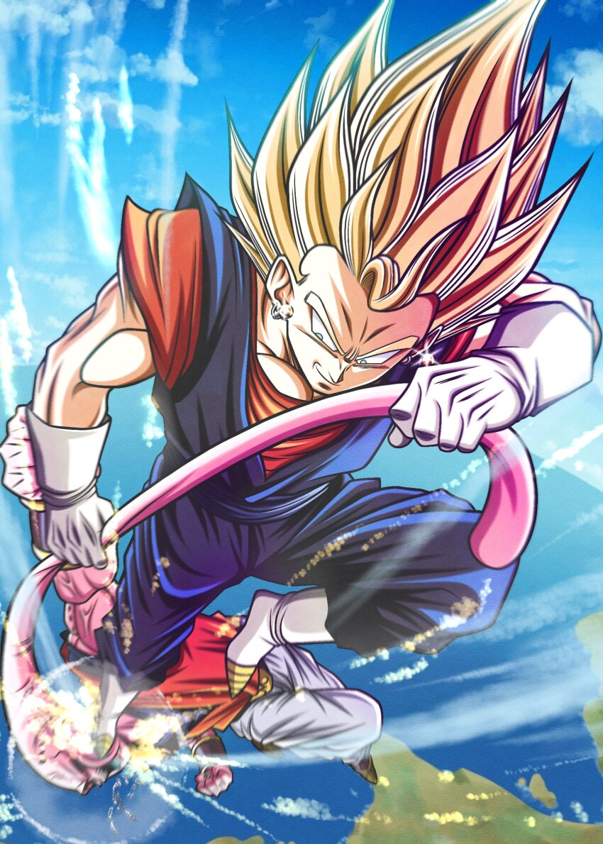2boys, absurdres, black_sclera, blonde_hair, blue_pants, blue_shirt, boots, colored_sclera, colored_skin, dougi, dragon_ball, dragonball_z, earrings, flying_kick, gloves, gokuu_(goku_xeno59), green_eyes, highres, jewelry, kicking, majin_buu, male_focus, medium_hair, midair, multiple_boys, no_eyebrows, orange_shirt, pants, pink_skin, potara_earrings, red_eyes, shirt, spiked_hair, super_buu, super_saiyan, super_saiyan_1, vegetto, white_boots, white_gloves, white_pants