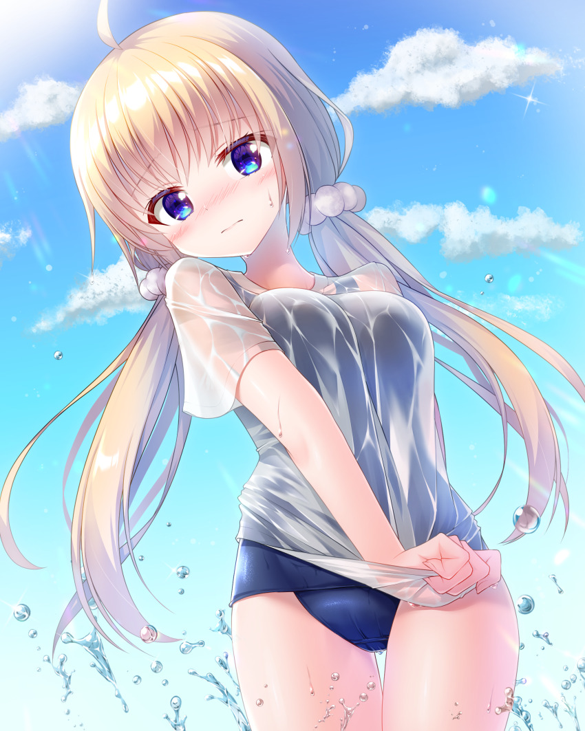 1girl, absurdres, ahoge, arm_behind_back, blonde_hair, blue_eyes, blue_one-piece_swimsuit, blue_sky
