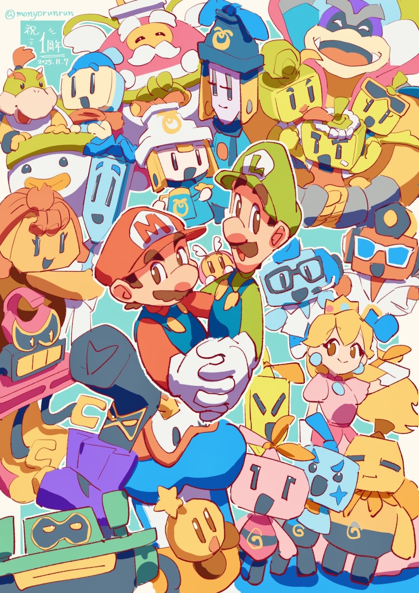 6+boys, 6+girls, anniversary, billdit_(mario), blonde_hair, blue-tinted_eyewear, blue_skin, bowser_jr.