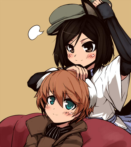 2girls, animal_ears, brown_eyes, brown_hair, green_eyes, hat, isabelle_du_monceau_de_bergendal, japanese_clothes
