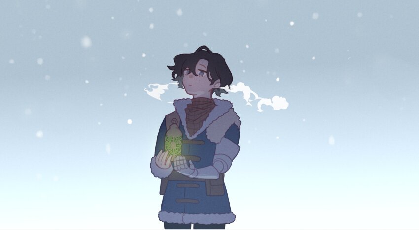 1boy, black_hair, blue_sky, breath, cold, freckles, gemini_(lies_of_p), hashtag-only_commentary