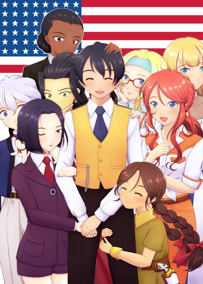 00s, 6+girls, :3, american_flag, androgynous, bad_id, bad_pixiv_id, belt