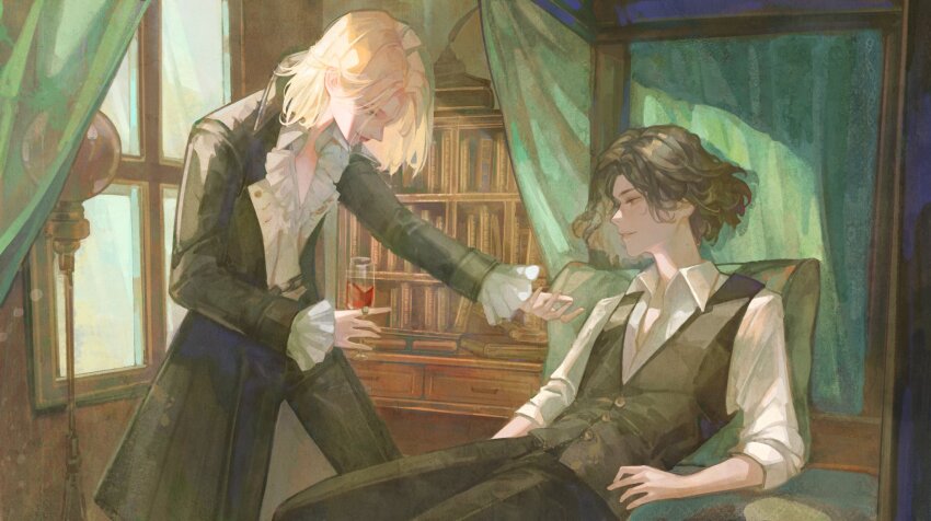 2boys, androgynous, black_hair, black_pants, blonde_hair, blue_eyes, carlo_(lies_of_p), chair