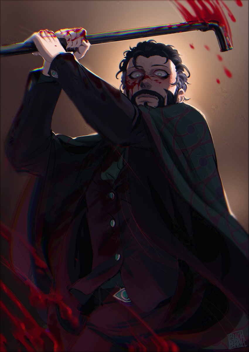 1boy, absurdres, bags_under_eyes, beard, black_hair, blackberreh-art, blood, blood_on_face