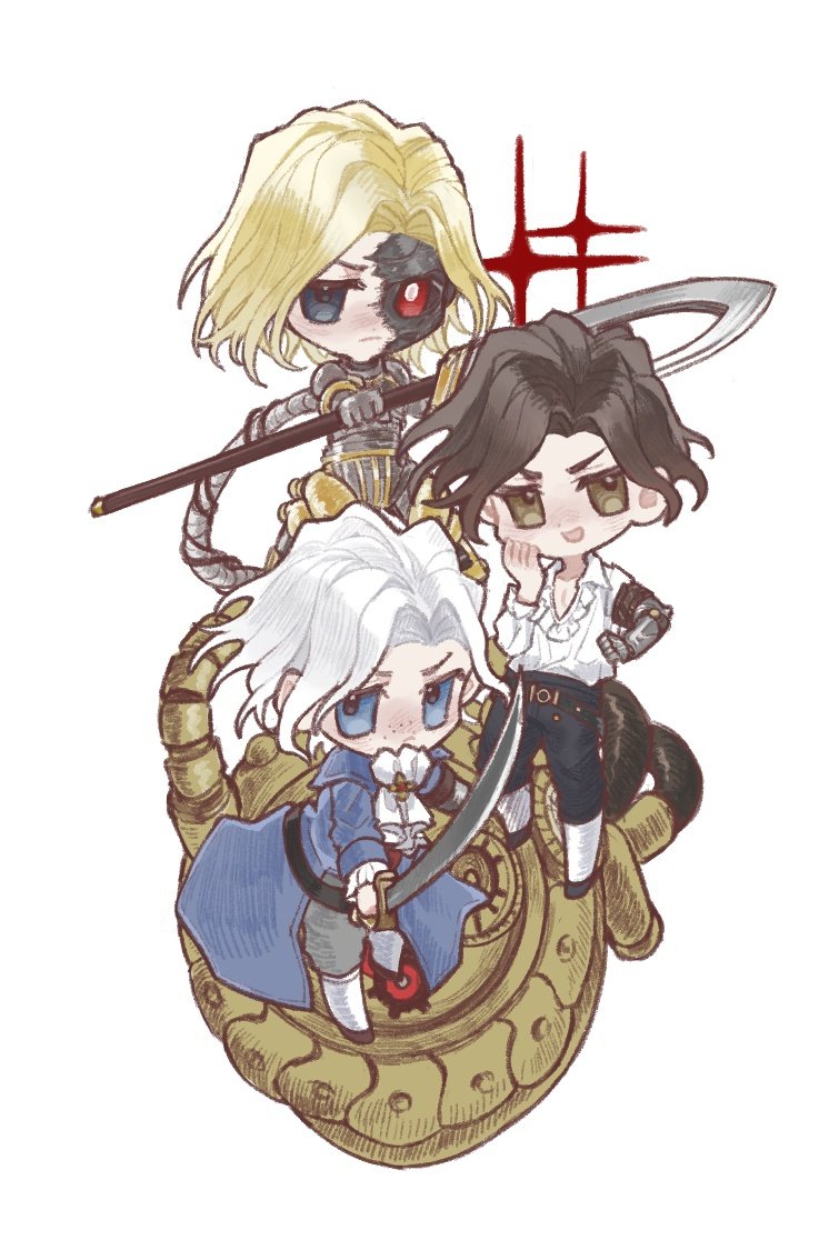 3boys, androgynous, artificial_eye, black_hair, blonde_hair, blue_coat, blue_eyes, chibi, closed_mouth, coat, dual_persona, freckles, hashtag-only_commentary, holding, holding_scythe, holding_sword, holding_weapon, lies_of_p, lies_of_p:_overture, mechanical_arms, mechanical_eyes, mechanical_heart, motimoti0144, multiple_boys, multiple_views, pinocchio_(lies_of_p), prosthesis, prosthetic_arm, red_eyes, romeo_(lies_of_p), romeo_king_of_puppets, scythe, shirt, simple_background, single_mechanical_arm, single_mechanical_eye, sparkle, sword, v-shaped_eyebrows, weapon, white_background, white_hair, white_shirt