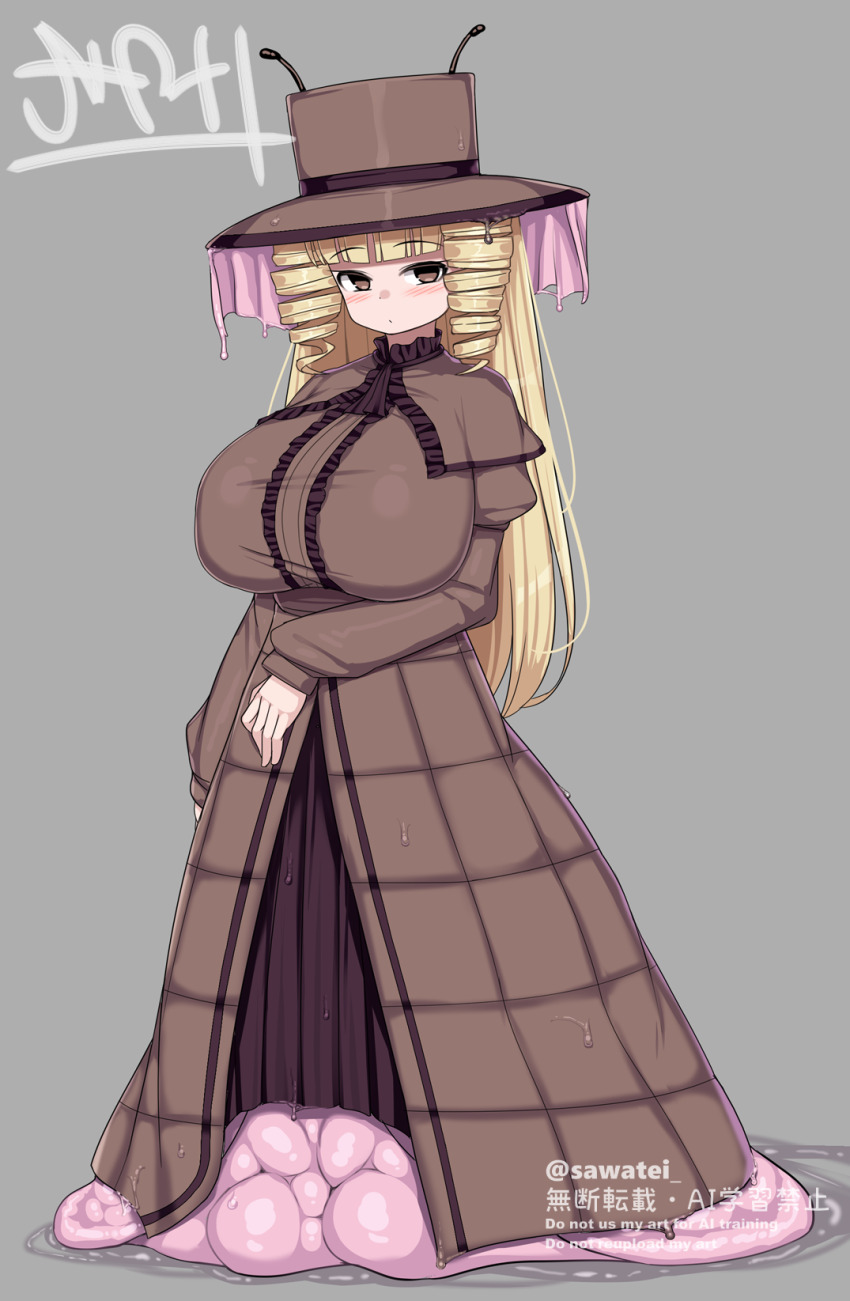 1girl, blonde_hair, breasts, brown_capelet, brown_dress, brown_eyes, brown_hat, capelet