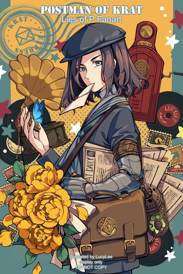 1boy, artist_name, bag, black_hair, black_hat, blue_butterfly, blue_eyes, bouquet
