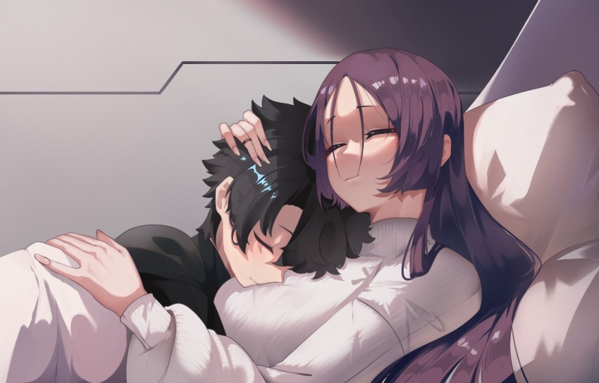 1boy, 1girl, bed, couple, cuddling, fate/grand_order, fate_(series), fujimaru_ritsuka_(male)
