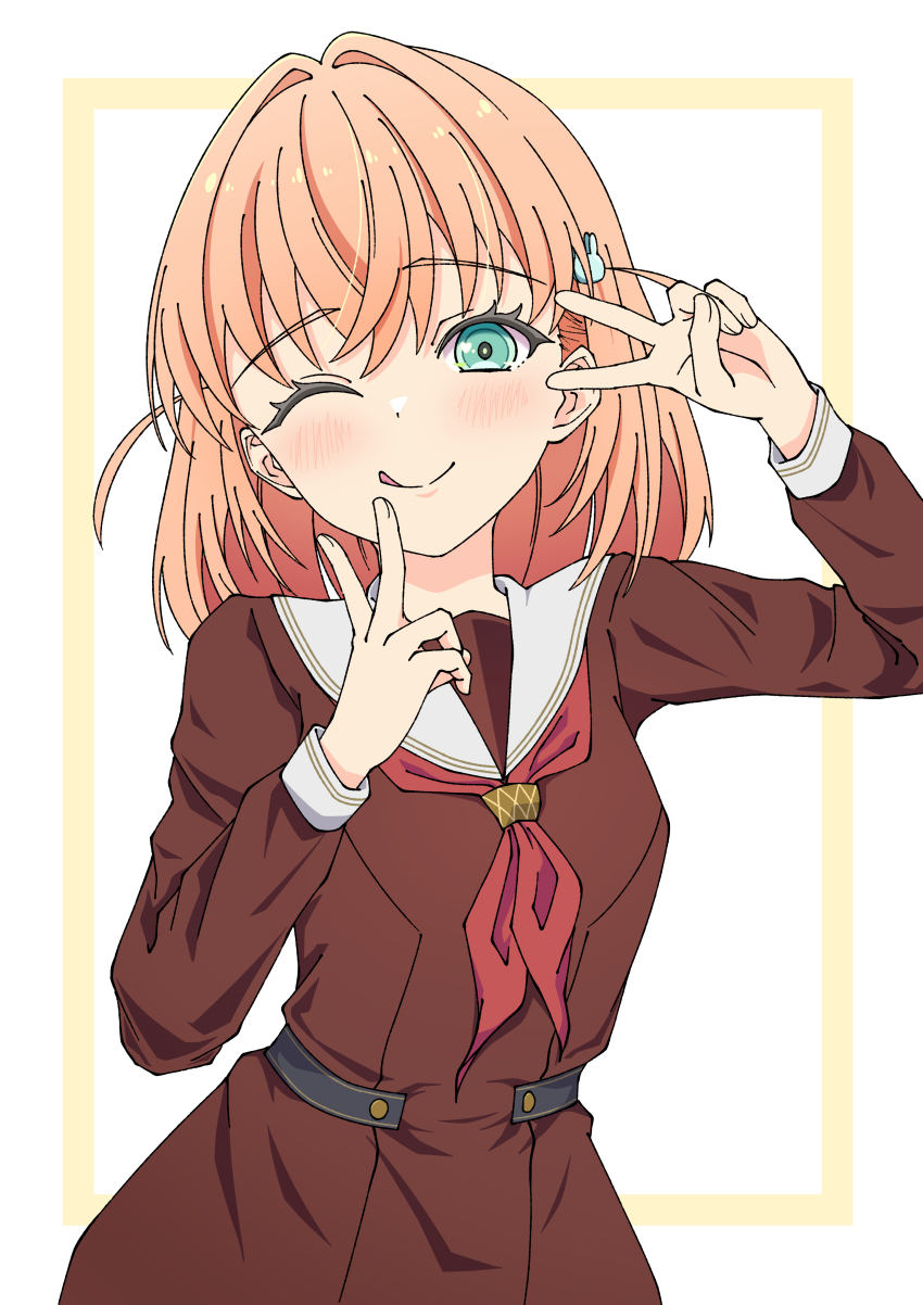 1girl, ;q, absurdres, aqua_eyes, blush, breasts, brown_dress, commentary_request