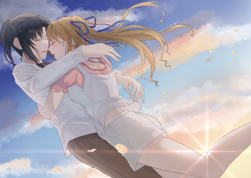 1boy, 1girl, black_hair, blonde_hair, blue_ribbon, brown_pants, closed_eyes, cloud