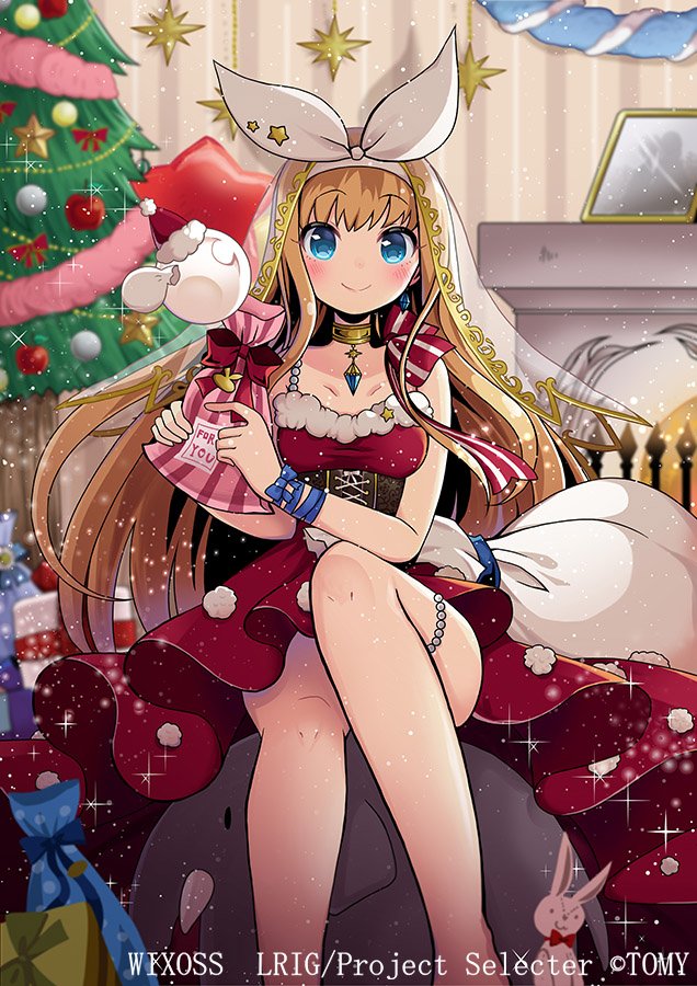 1girl, blonde_hair, blue_eyes, blush, breasts, christmas_present, christmas_tree, closed_mouth