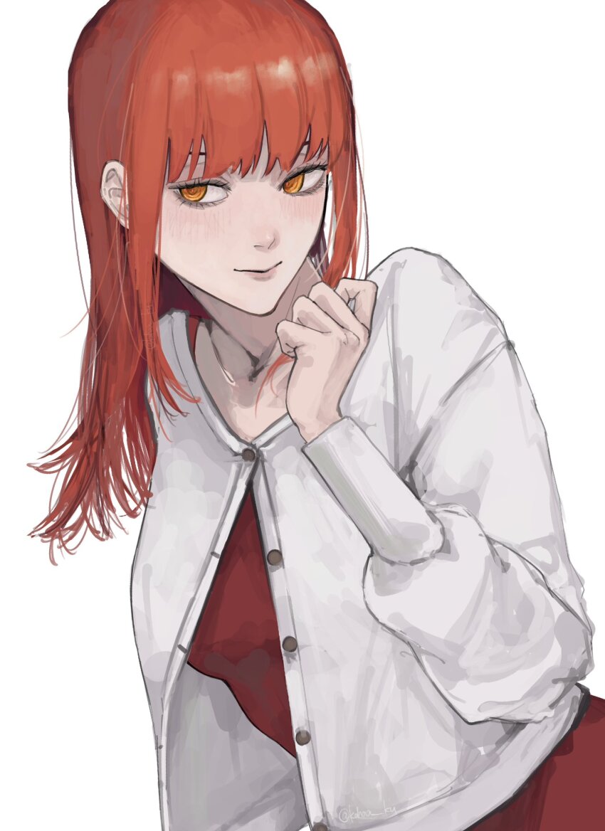 1girl, cardigan, chainsaw_man, closed_mouth, dress, highres, kohaa_ku, long_hair