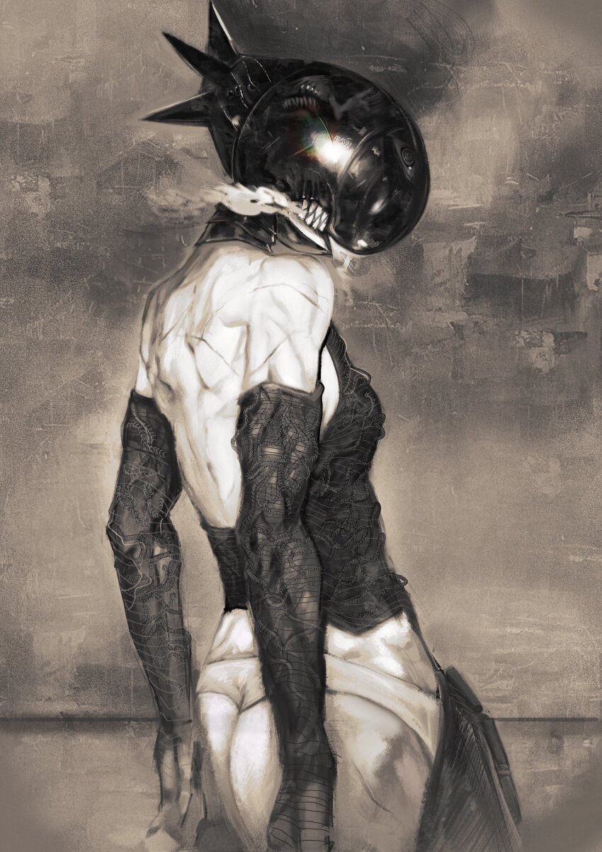 1girl, abyssmalenia, apron, ass, bomb_devil_(chainsaw_man), breath, chainsaw_man, elbow_gloves, gloves, greyscale, highres, monochrome, object_head, panties, solo, teeth, toned, toned_female, underwear