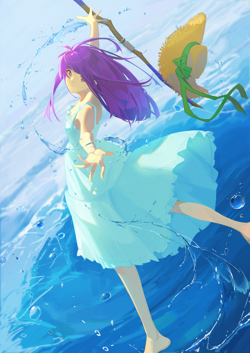 1girl, aash4i, absurdres, alternate_costume, aqua_dress, barefoot, bright_pupils, closed_mouth