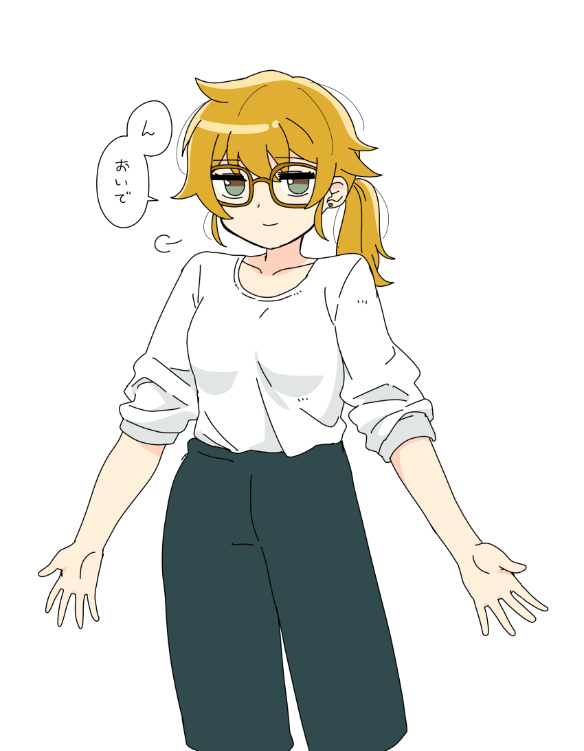 1girl, absurdres, blue_pants, brown-framed_eyewear, brown_hair, chan_mama, closed_mouth, commentary_request