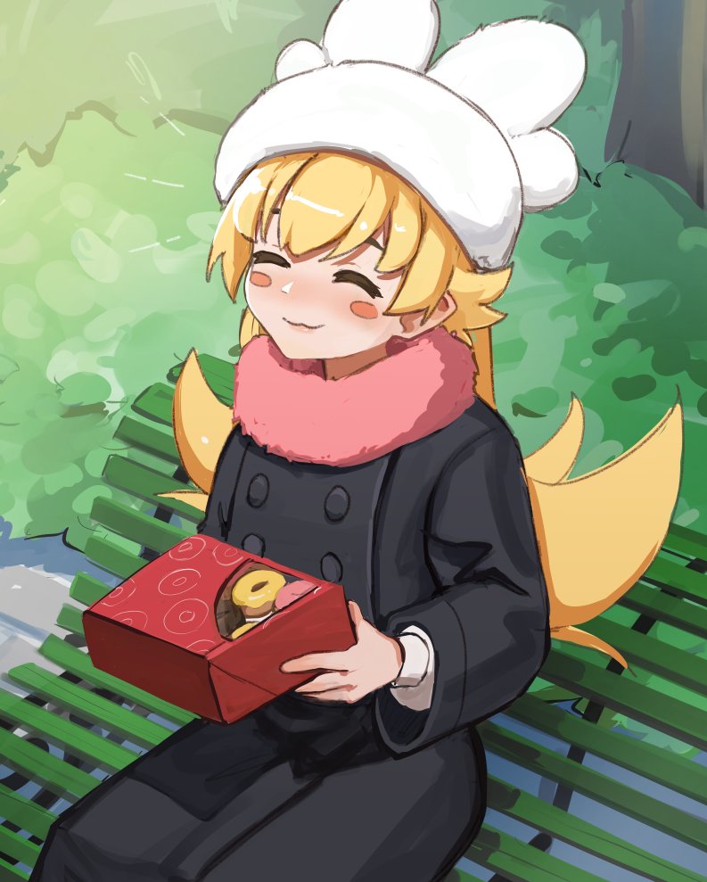 1girl, ansha_(pokemon)_(cosplay), bench, black_coat, blonde_hair, blush_stickers, box, bush, buttons, closed_eyes, closed_mouth, coat, cosplay, cowboy_shot, double-breasted, flipped_hair, from_above, from_side, fur_hat, fur_scarf, hair_between_eyes, hair_flaps, hands_up, hat, holding, holding_box, light_blush, lips, long_hair, long_sleeves, monogatari_(series), on_bench, oshino_shinobu, outdoors, park_bench, pastry_box, pink_scarf, pointy_ears, ricman_rt, scarf, sitting, solo, tree, trench_coat, two-handed, very_long_hair, white_hat, winter_clothes
