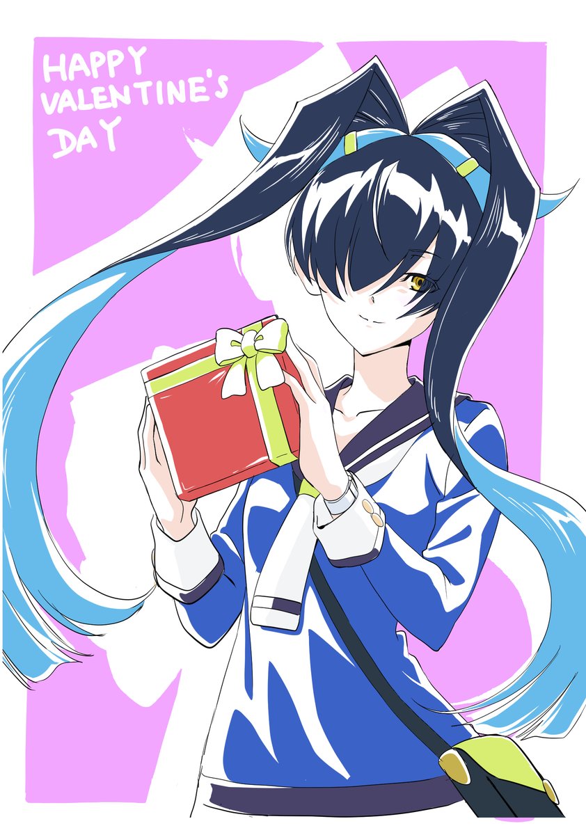 1girl, bag, black_hair, blue_hair, blue_shirt, closed_mouth, gift, hair_over_one_eye