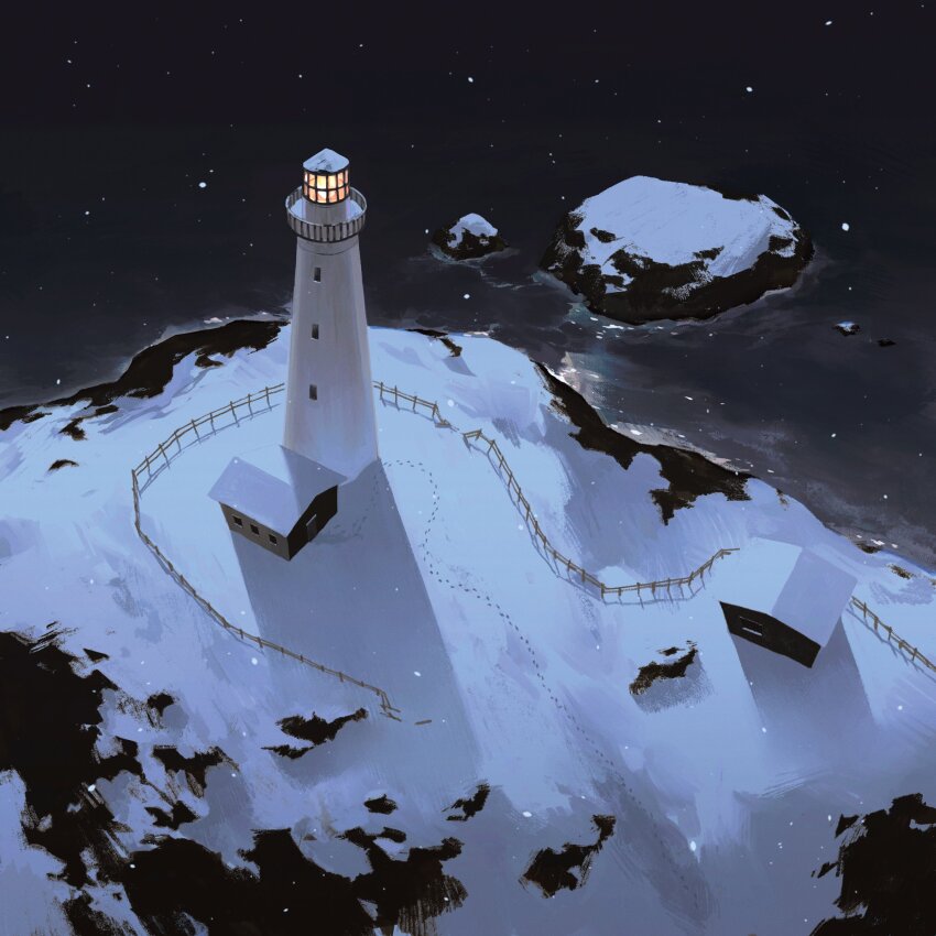 absurdres, commentary, fence, footprints, from_above, highres, house, lighthouse