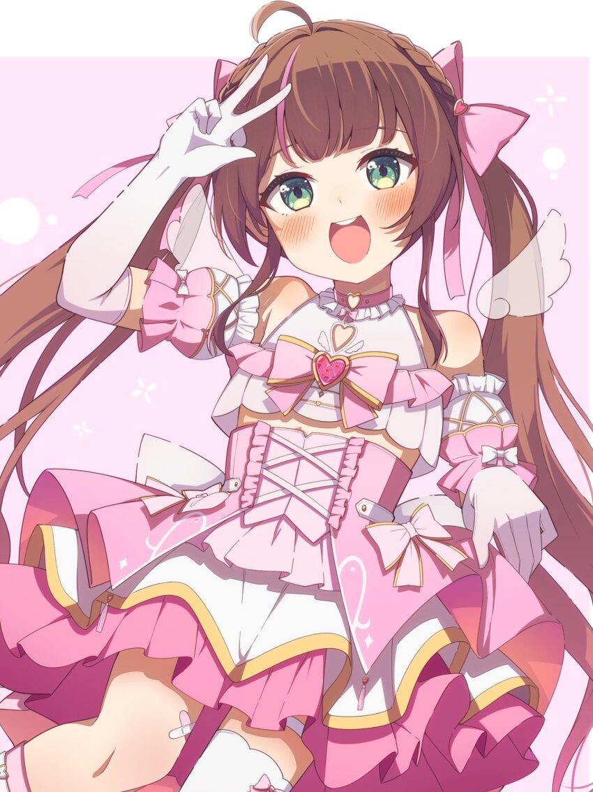 1girl, :d, ahoge, arm_up, blush, bow, braid, brown_hair, comiket_107, commentary_request, detached_sleeves, elbow_gloves, frilled_skirt, frills, gloves, green_eyes, hair_bow, hair_ornament, heart, heart_hair_ornament, highres, hololive, iyokan_momiji, long_hair, looking_at_viewer, multicolored_hair, natsuiro_matsuri, natsuiro_matsuri_(magical_girl), official_alternate_costume, open_mouth, pink_background, pink_bow, pink_hair, pink_sleeves, puffy_short_sleeves, puffy_sleeves, short_sleeves, single_thighhigh, skirt, smile, solo, streaked_hair, teeth, thighhighs, twintails, upper_teeth_only, very_long_hair, virtual_youtuber, w, white_gloves, white_skirt, white_thighhighs