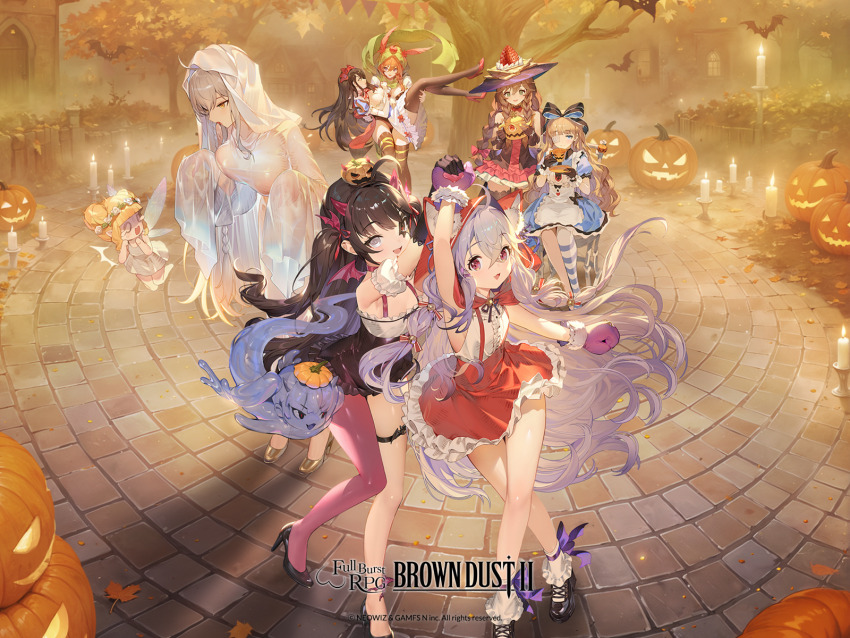 6+girls, ahoge, animal_ear_fluff, apron, arm_garter, artist_request, autumn_leaves, black_bow, black_gloves, black_hair, black_shoes, black_skirt, black_thighhighs, blonde_hair, blue_dress, blue_pantyhose, bow, braid, breasts, brown_dust_(series), brown_dust_2, candle, carrying, character_request, copyright_name, copyright_notice, cup, dress, ears_through_hood, eyepatch, fairy, flat_chest, food, food-themed_hat, frilled_skirt, frills, fruit, ghost_costume, glacia_(alice)_(brown_dust), glacia_(brown_dust), gloves, granhildr_(brown_dust), grey_eyes, grey_hair, hair_bow, hair_ornament, halloween, head_wings, high_heels, highres, holding, holding_cup, holding_saucer, horns, jack-o'-lantern, jack-o'-lantern_hair_ornament, large_breasts, leaf, long_hair, multiple_girls, official_art, orange_hair, pantyhose, pink_eyes, pink_horns, pink_pantyhose, pink_wings, princess_carry, purple_ribbon, red_skirt, ribbon, rou_(brown_dust), saucer, shoes, single_leg_pantyhose, skirt, sonya_(brown_dust), strawberry, striped_clothes, striped_pantyhose, suspender_skirt, suspenders, thigh_strap, thighhighs, tree, ventana_(brown_dust), ventana_(snow_white)_(brown_dust), white_apron, white_pantyhose, wings, yellow_eyes, zenith_(brown_dust), zenith_(robin_hood)_(brown_dust)