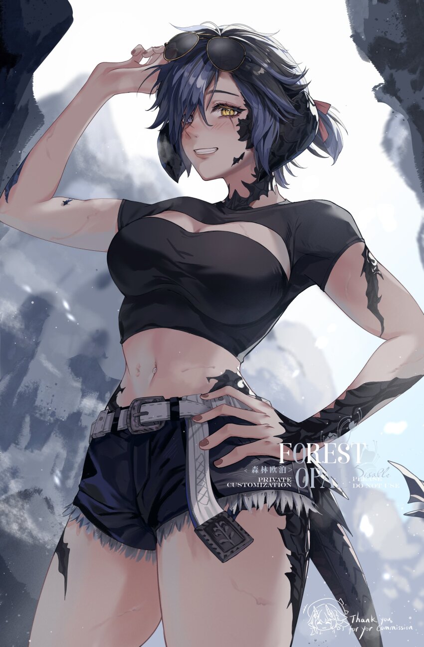 1girl, absurdres, artist_name, au_ra, black_hair, black_shirt, black_shorts, blue_eyes