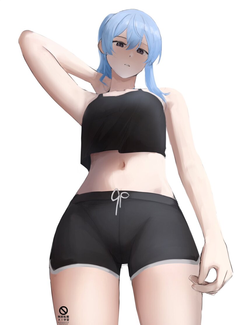 1girl, alternate_costume, arm_behind_head, black_shirt, black_shorts, blue_eyes, blue_hair, breasts
