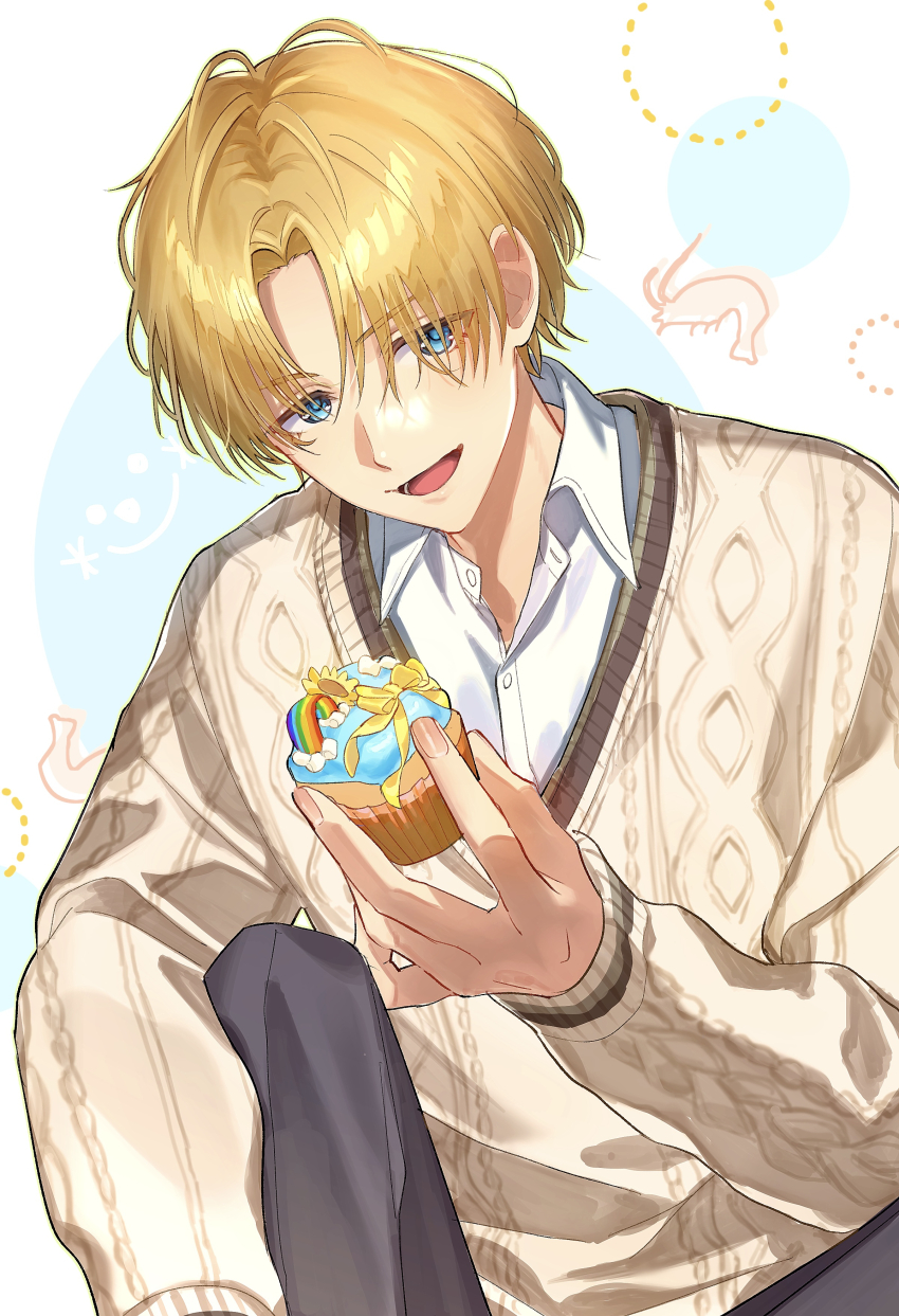 1boy, absurdres, black_pants, blonde_hair, blue_background, blue_eyes, brown_sweater, collared_shirt