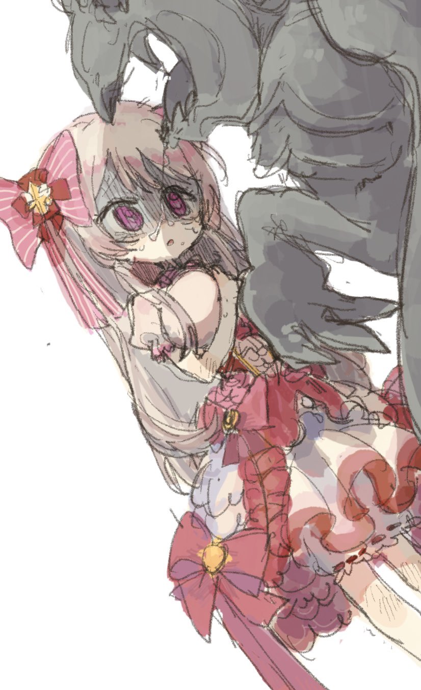 1girl, blonde_hair, breasts, chaos_marie_(grimms_notes), gargoyle, gargoyle_(grimms_notes), grimms_notes, highres, large_breasts, long_hair, lying, monster, pink_eyes, touka_13, white_background