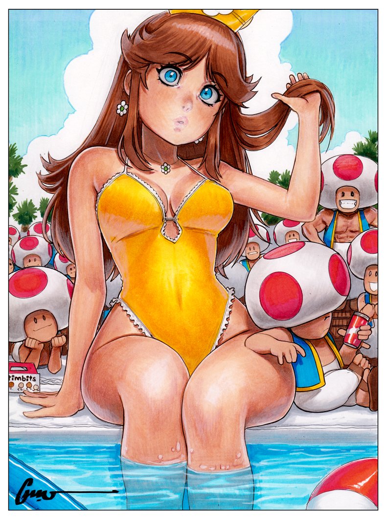 1girl, 6+boys, ball, beachball, blue_eyes, blue_sky, breasts, brown_hair