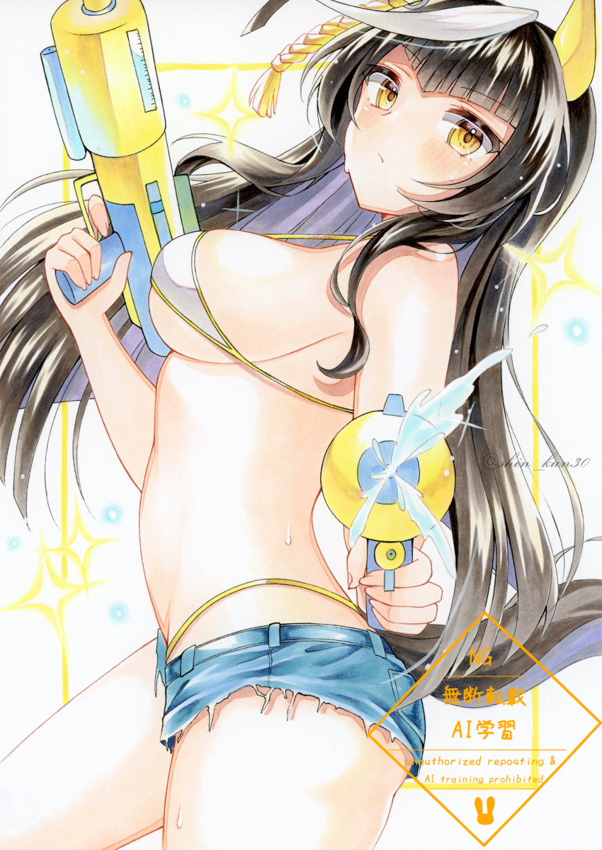 1girl, absurdres, bikini, bikini_bottom_under_shorts, bikini_under_clothes, blue_shorts, blush, breasts