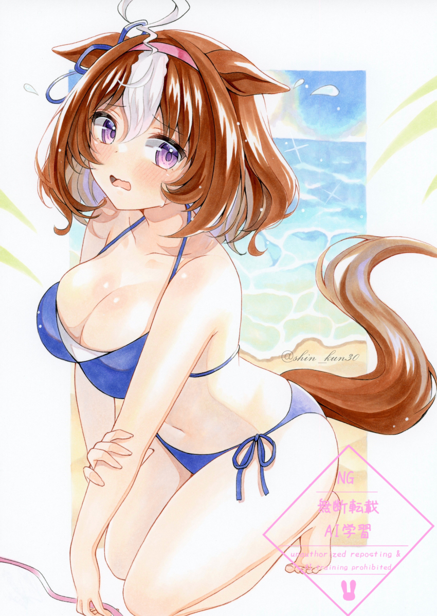 1girl, absurdres, animal_ears, barefoot, beach, bikini, blue_bikini, blush, breasts, brown_hair, cleavage, collarbone, commentary_request, day, double-parted_bangs, full_body, hand_on_own_elbow, highres, horse_ears, horse_girl, horse_tail, kneeling, large_breasts, looking_at_viewer, marker_(medium), meisho_doto_(umamusume), multicolored_hair, navel, open_mouth, outdoors, purple_eyes, raised_inner_eyebrows, shin_kun30, short_hair, side-tie_bikini_bottom, solo, stomach, streaked_hair, string_bikini, swimsuit, tail, traditional_media, umamusume, watermark, wavy_mouth, white_streaks