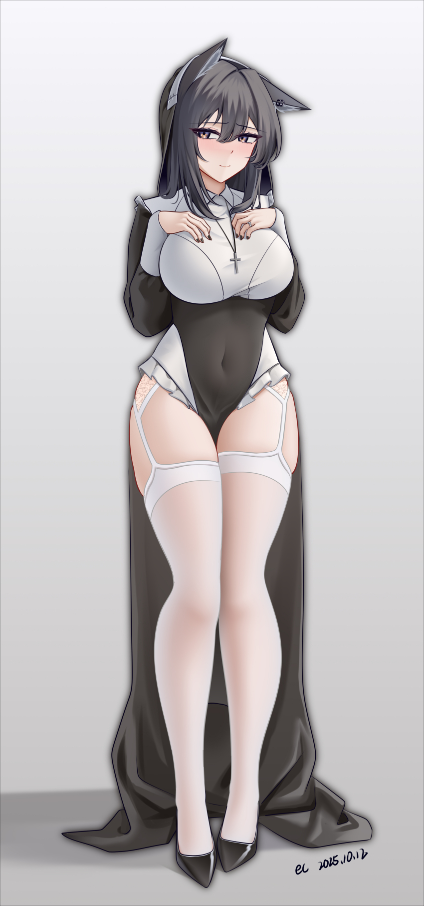1girl, absurdres, alter_kamerade, alternate_breast_size_(larger), alternate_costume, animal_ear_fluff, animal_ear_piercing, animal_ears, arknights, arms_up, black_dress, black_hair, black_nails, black_shoes, black_veil, breasts, brown_eyes, chinese_commentary, collar, collared_dress, commentary_request, covered_navel, cross, cross_necklace, dated, dress, fingernails, frilled_dress, frills, full_body, garter_straps, hair_between_eyes, highres, huge_breasts, jewelry, legs, light_smile, long_dress, long_hair, long_sleeves, looking_at_viewer, nail_polish, necklace, nun, ring, shoes, simple_background, solo, standing, texas_(arknights), thighhighs, thighs, two-tone_dress, veil, white_background, white_collar, white_dress, white_thighhighs, wolf_ears, wolf_girl