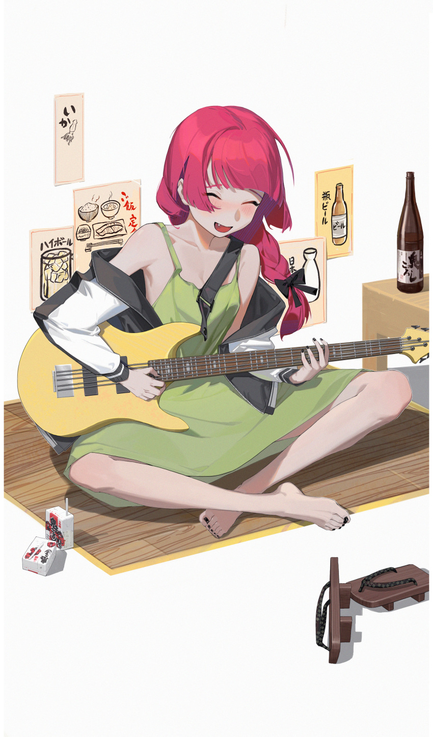 1girl, ^_^, aash4i, absurdres, armpits, barefoot, black_bow, black_nails, blunt_bangs, blush, bocchi_the_rock!, bottle, bow, braid, closed_eyes, collarbone, commentary_request, dress, drink_carton, fang, fingernails, full_body, geta, green_dress, guitar, hair_bow, highres, hiroi_kikuri, indian_style, instrument, jacket, jacket_partially_removed, juice_box, long_hair, long_sleeves, music, nail_polish, on_floor, open_mouth, playing_guitar, playing_instrument, poster_(object), red_hair, sandals, simple_background, single_braid, sitting, sleeveless, sleeveless_dress, smile, solo, toenail_polish, toenails, unworn_sandals, white_background, white_jacket, wooden_floor