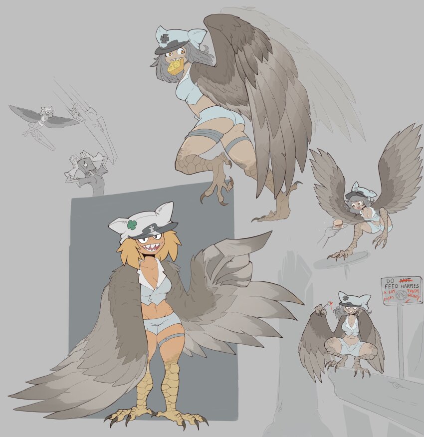 1boy, 2girls, absurdres, ass, bird_legs, blonde_hair, boobazaur, breasts