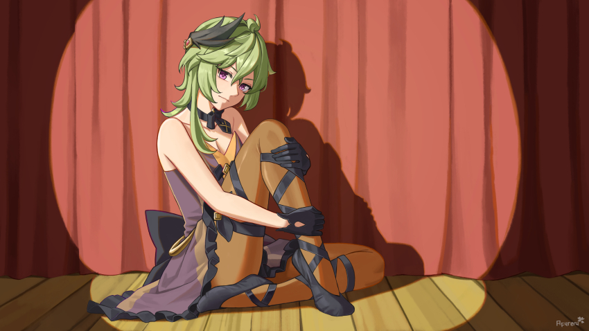 1girl, absurdres, afureru_colors, back_bow, ballerina, ballet_slippers, bare_arms, bare_shoulders, black_bow, black_choker, black_gloves, black_slippers, bow, breasts, brown_dress, brown_pantyhose, choker, cleavage, closed_mouth, collei_(dodo_pizza)_(genshin_impact), collei_(genshin_impact), commission, commissioner_upload, curtains, dress, expressionless, feather_hair_ornament, feathers, frilled_dress, frills, genshin_impact, gloves, green_hair, hair_ornament, hands_on_own_leg, highres, knee_up, leg_wrap, looking_at_viewer, md5_mismatch, on_floor, pantyhose, purple_eyes, ribbon_choker, shadow, signature, sitting, slippers, small_breasts, solo, spotlight, stage_curtains, wooden_floor