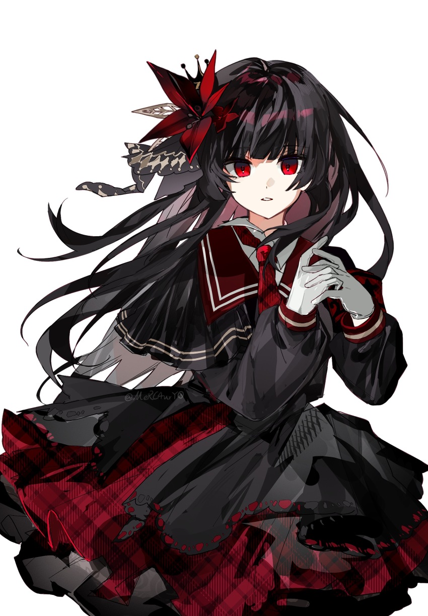 1girl, black_capelet, black_hair, black_shirt, black_skirt, capelet, chinese_commentary, collared_shirt