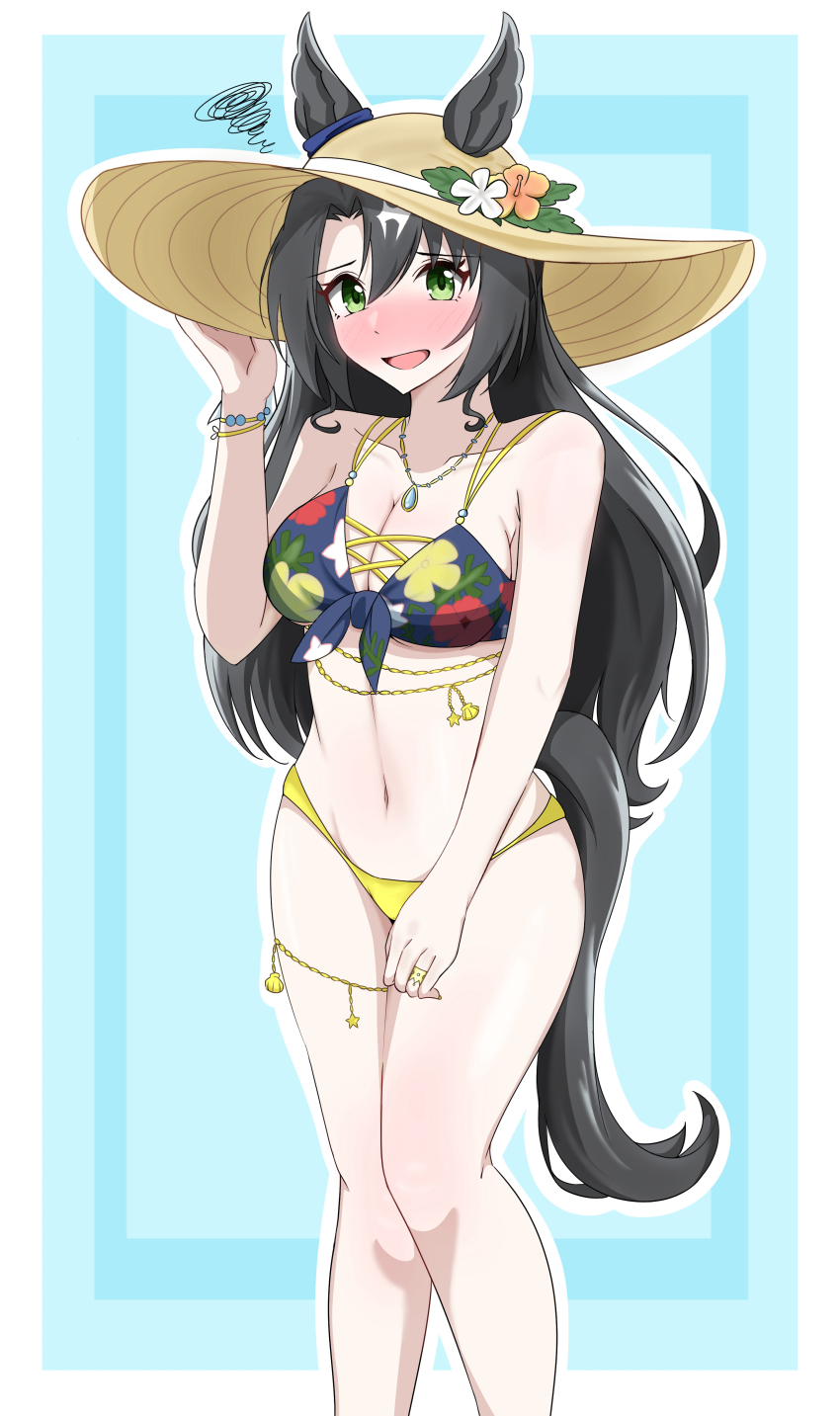 absurdres, abyss_kpn_(ki), animal_ears, bikini, black_hair, blush, breasts, cleavage