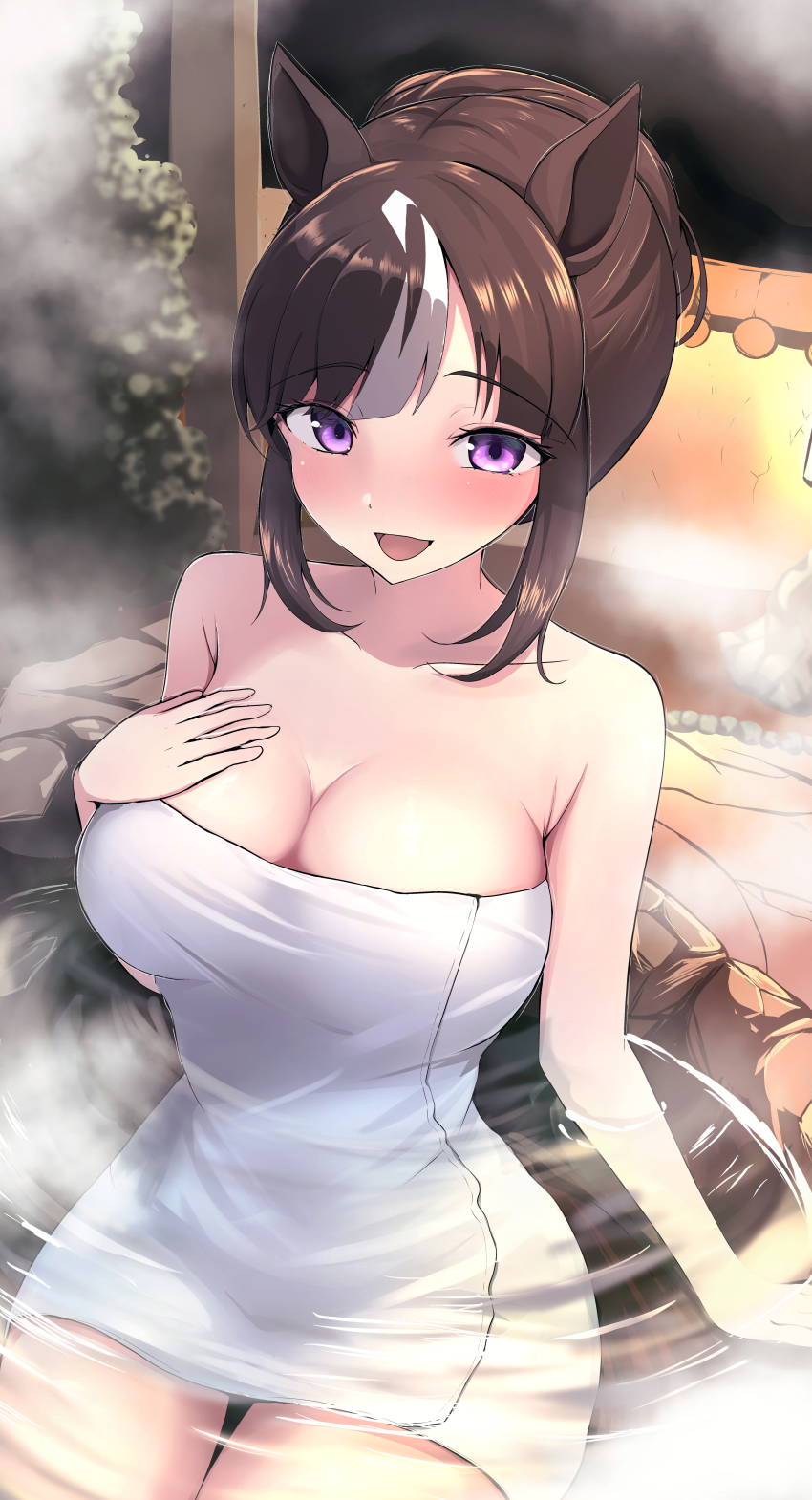 absurdres, alternate_hairstyle, animal_ears, black_hair, blush, breasts, cleavage, collarbone, commentary_request, hi_ch_mng, highres, hokko_tarumae_(umamusume), horse_ears, horse_girl, horse_tail, large_breasts, looking_at_viewer, onsen, open_mouth, purple_eyes, steam, tail, towel, umamusume, wet