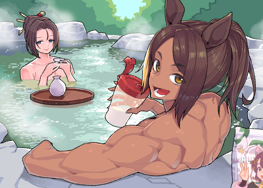 2girls, animal_ears, arm_rest, back, bathing, biceps, blue_eyes, breasts, brown_hair, closed_mouth, cup, dark-skinned_female, dark_skin, day, hair_ornament, hair_stick, high_ponytail, holding, holding_cup, horse_ears, hoshina_kiyoko_(umamusume), long_hair, looking_at_viewer, looking_back, michelle_my_baby_(umamusume), multiple_girls, muscular, muscular_female, nude, onsen, open_mouth, outdoors, partially_submerged, ponytail, smile, steam, tray, umaguti, umamusume, water, yellow_eyes