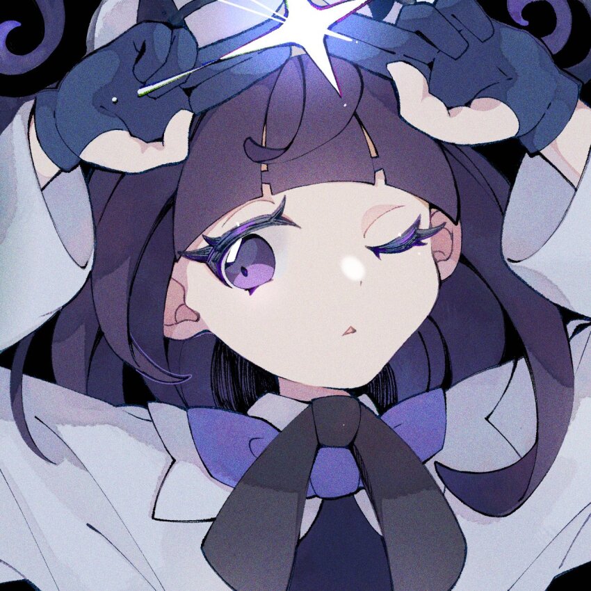 1girl, arched_bangs, black_background, black_dress, coat, dress, eyelashes, gloves, gu_gu12435, gwynn_(pokemon), hat, highres, long_sleeves, looking_at_viewer, nintendo, one_eye_closed, open_clothes, open_coat, parted_lips, partially_fingerless_gloves, pokemon, pokemon_legends:_z-a, short_hair, solo, upper_body, white_coat