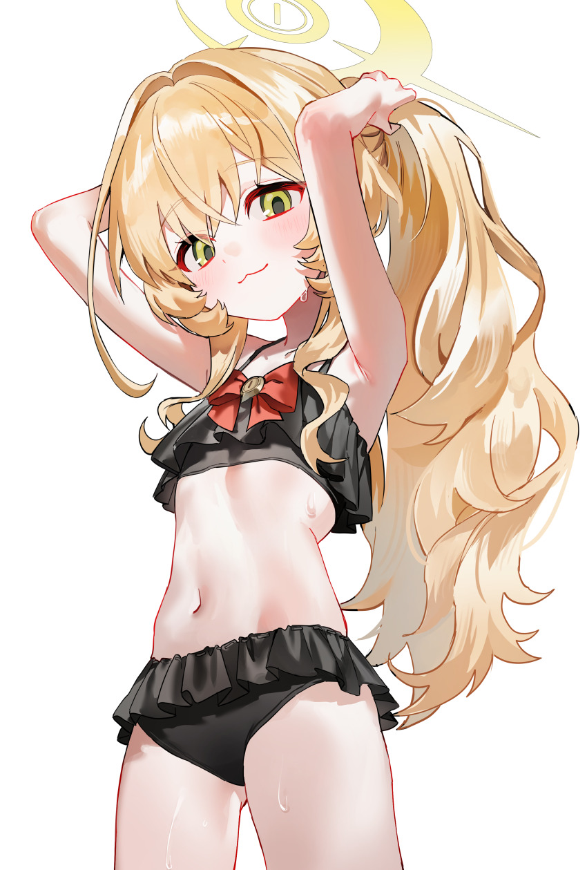 1girl, :3, absurdres, alternate_costume, armpit_crease, armpits, arms_up, bare_arms, bikini, black_bikini, blonde_hair, blue_archive, bow, bow_bikini, closed_mouth, collarbone, crossed_bangs, dot_nose, flat_chest, frilled_bikini, frills, gluteal_fold, green_eyes, hair_between_eyes, halo, hands_in_own_hair, highres, light_blush, loli, long_hair, looking_at_viewer, minojko112, navel, ponytail, professor_niyaniya_(blue_archive), red_bow, sidelocks, simple_background, smile, solo, standing, stomach, swimsuit, thighs, tying_hair, very_long_hair, wet, white_background, yellow_halo