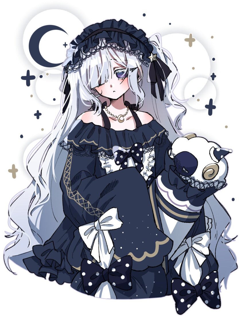 1girl, bare_shoulders, black_bow, blue_dress, blue_hairband, bow, closed_mouth, crescent